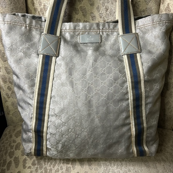 Gucci GG Silver Nylon open tote bag with green,blue,cream nylon stripes - Picture 3 of 17